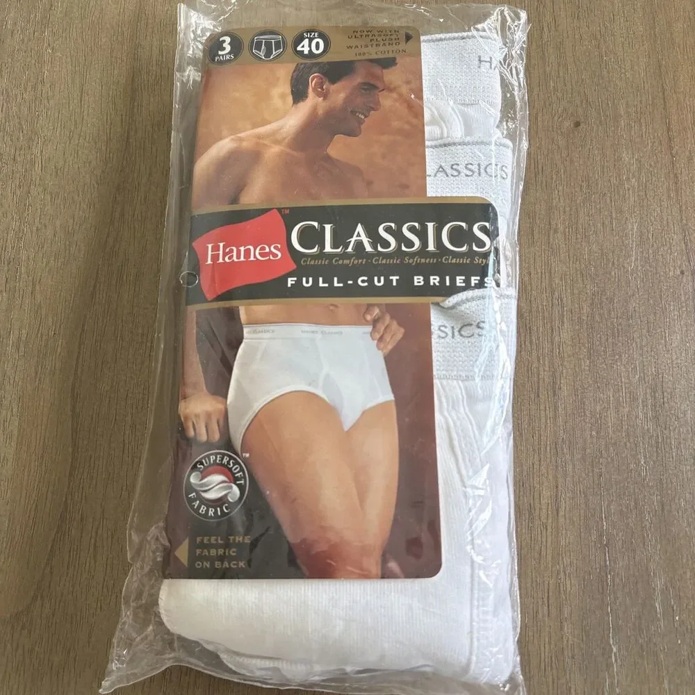 Vintage Hanes Classics Full-Cut Briefs 3 Pack Sz 40 White Cotton 2001 Cotton NEW